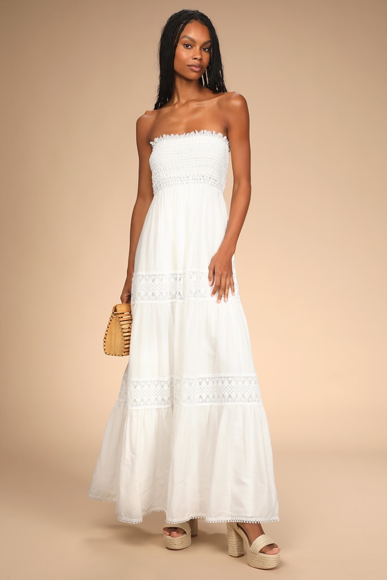 White Maxi Dress - Smocked Strapless ...